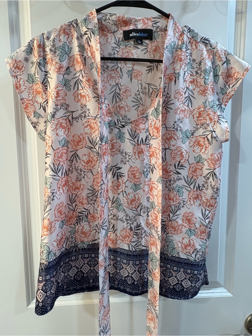 Alice Blue Peach & Navy Floral Tie-Neck Blouse